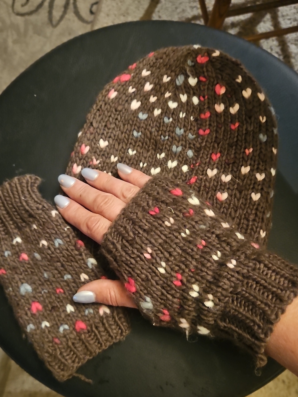 Brown Knit Beanie and Fingerless Mitts Set with Multicolor Heart Accents